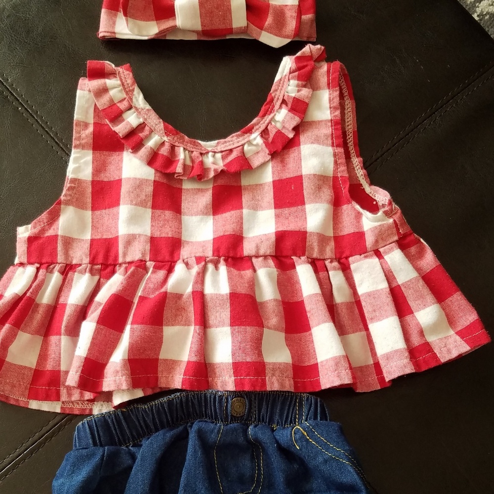 Plaid Ruffke Bowknot Tank and Denim shorts